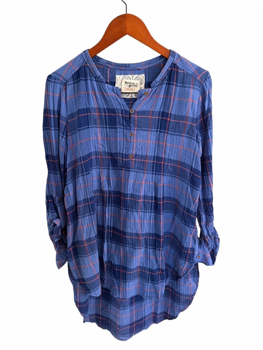 HOLDING HORSES Blue Plaid Button-Front Tunic Top
